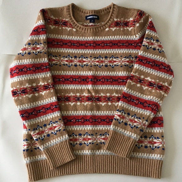 LANDS END Nordic Style Fair Isle Sweater Red Stripes - Picture 5 of 8